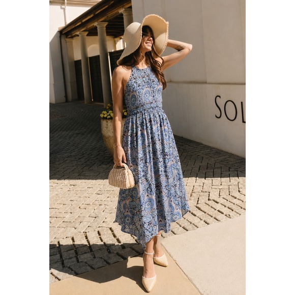 Free People Dresses & Skirts - Free People Smocked Midi Dress Sz S Blue Paisley High Neck Sleeveless Boho Beach